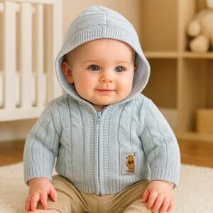 Disney Winnie the Pooh Baby Hooded Zip Sweater Blue 0-6 Mo Small Knit